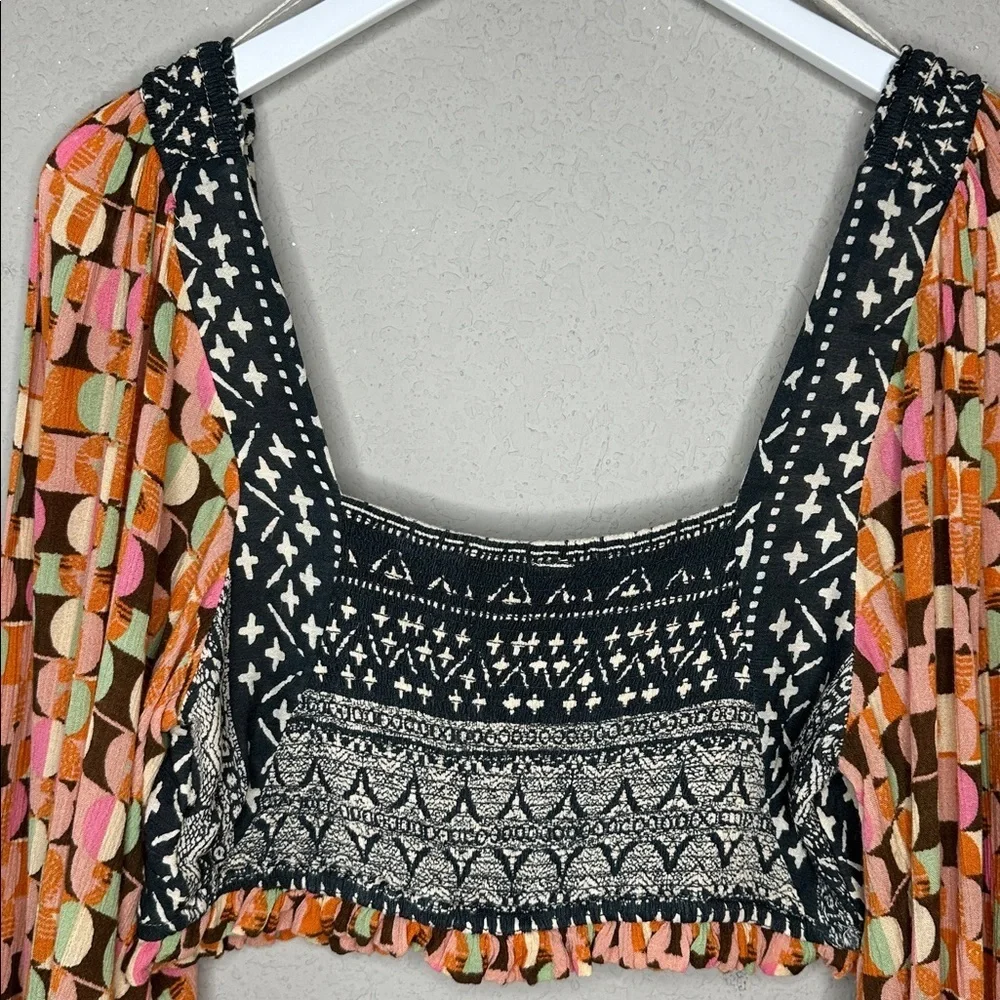 Free People Naomi Printed Smocked‎ Puff Sleeve Boho Endless Summer Cropped Top M